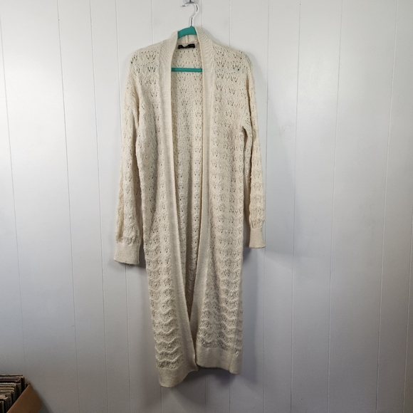 Mango Open Front Weave Beige Maxi Duster Sweater Long Knit Soft Womens Small - Picture 7 of 13